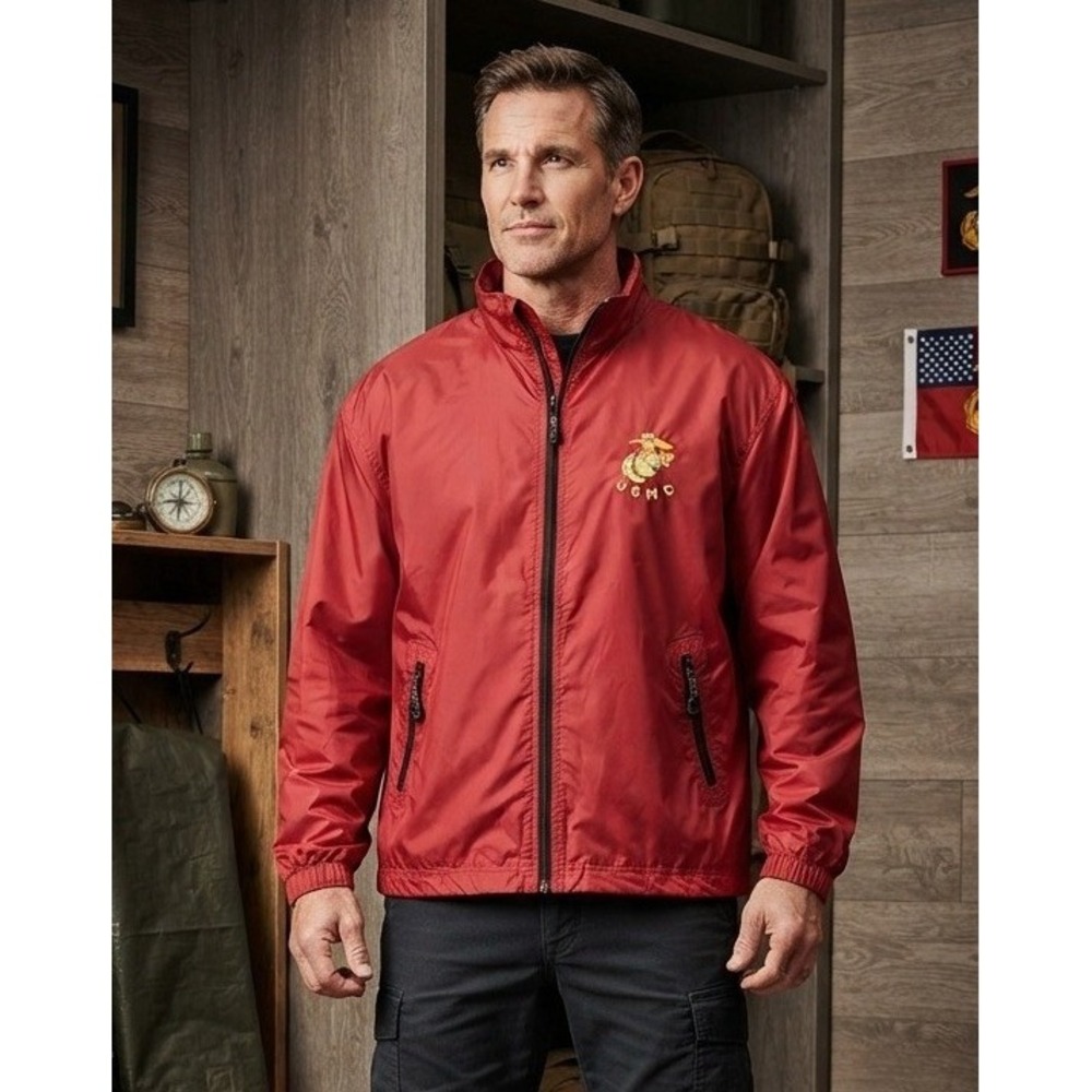 Weatherproof USMC Logo Marines Corps Windbreaker Jacket Mens Large Red‎ Full Zip